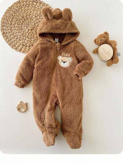 新生女宝宝可爱蓬松纯色卡通图案连帽连体衣，秋冬季