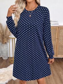 EMERY ROSE 女式圆领波点印花休闲宽松插肩袖连衣裙 - 藏蓝色 - 查看 6