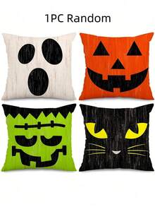 1/4pcs Retro Style Halloween Party Decoration Pillow Cover, Character Expression Cushion Cover - Printed With Ghost, Pumpkin, Black Cat Patterns, 18x18 Inches | Zipper Closure | Polyester Material | Sofa, Bedroom, And Living Room Decoration, Used For Halloween Decoration, Party Supplies, And Home Decor. No Filling Material - Orange Green Black - View 10