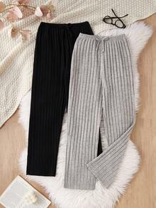 SHEIN 2 件女童罗纹面料仿蝴蝶结直筒休闲裤，舒适休闲，适合外出穿着，黑色和浅灰色 - 彩色 - 查看 1