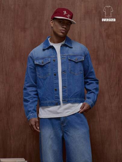 Musero 宽松廓形长袖牛仔夹克，正面双翻盖口袋，仅外套套装 / 春夏