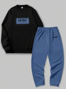 SHEIN 2 件青少年男孩休闲日常百搭舒适字母图案印花宽松圆领运动衫和休闲慢跑裤套装 - 霧霾藍 - 查看 4