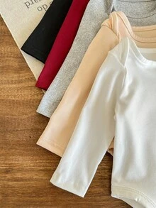 SHEIN LMoss Kids 5件套新生女宝宝可爱白色长袖连体衣套装，秋冬季宝宝中性色服装，长袖连体衣，男女宝宝通用，秋季宝宝连体衣 - 杏色 - 查看 3