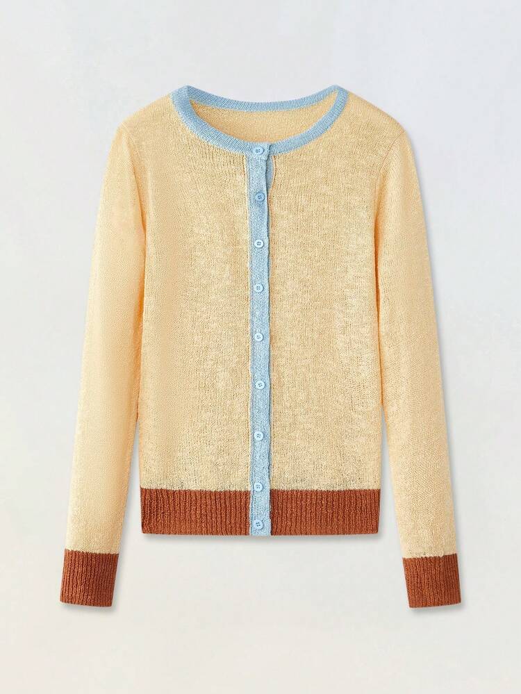 SHEIN Maija Cardigan de Tricô Amarelo de Gola Redonda, Manga Longa e Abotoamento Simples com Contraste de Cor, Escritório para Mulheres, Outono