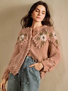 Anewsta Handmade Embroidered Thick Knit Cardigan Sweater Jacket For Women, Autumn/Winter - Coral Pink - View 6