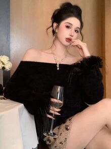 DAZY New Elegant Fluffy Patchwork Off Shoulder Women Sweater, Autumn/Winter - Black - View 1