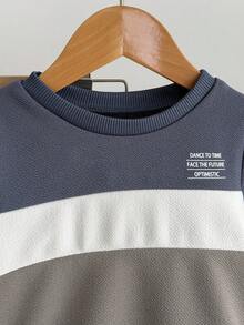 SHEIN 2pcs Boys Casual Colorblock Sweatshirt Set, Navy Blue Gray White Striped Crew Neck Top + Jogger Pants, Autumn/Winter Fall - Multicolor - View 6