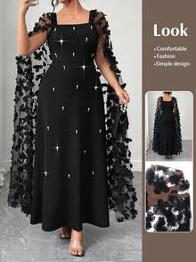 Elenzga 大码女式优雅派对串珠披肩领长袖针织连衣裙 - 黑色 - 查看 1