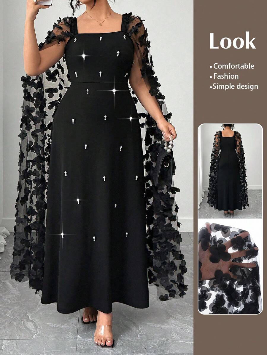 Elenzga 大码女式优雅派对串珠披肩领长袖针织连衣裙 - 黑色 - 查看 1