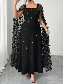 Elenzga 大码女式优雅派对串珠披肩领长袖针织连衣裙 - 黑色 - 查看 4