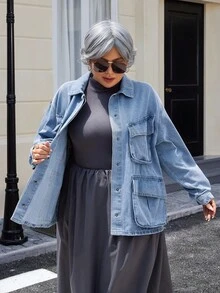 EMERY ROSE Plus Size Women's Fashion Multi-Pocket Denim Jacket - Light Wash - View 7