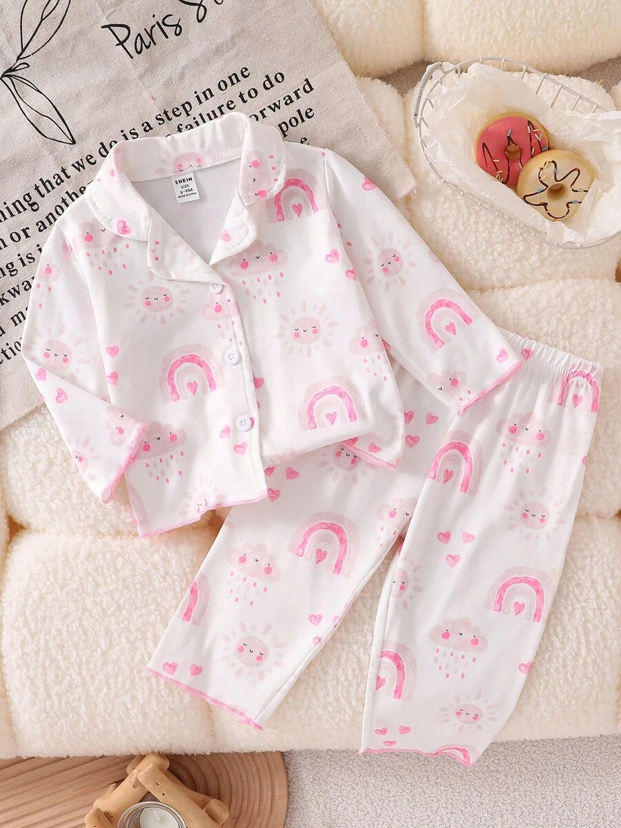 2pcs Baby Girls' Casual Loose Fit Rainbow Cloud Print Long Sleeve Cardigan And Pants Homewear Set, Pink Cute Pj Set Fall Winter - Pink - View 1