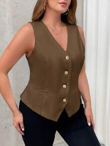 CosyJoli Plus Size Commuting Vest Blazer For Summer In Fall/Winter - Brown - View 4