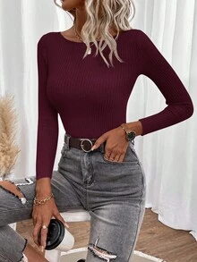 EMERY ROSE Casual Solid Color Slim Fit Sweater, Autumn,Fall,Christmas Sweater - Red Violet - View 5