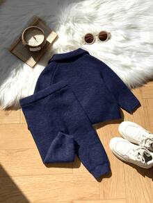 SHEIN 2pcs Baby Boy/Girl Solid Color Collared Long Sleeve Sweater And Pants Set, Suitable For Autumn/Winter Autumn And Winter Two Piece Suit Dark Blue Baby Boy Outfit Baby Boy Knitted Set Knit Two Piece Toddler Fall