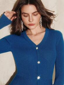 Anewsta 2pcs/Set Women's Elegant Commuting Workwear Ruffle Trim Fitted Knit Top, Blue, Autumn/Winter - Royal Blue - View 8