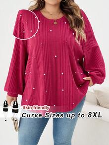 SHEIN CURVE+ Plus Size Autumn Pearl Detail Ribbed Knit Long Sleeve Top/Autumn /Winter - Hot Pink - View 1
