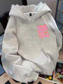 Flirla 大码女式休闲宽松落肩字母图案卫衣 - 淺灰色 - 查看 2