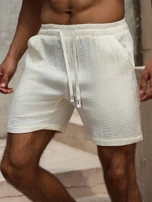 VENTUSAIL Men's Solid Color Drawstring Waist Pocket Casual Cotton Shorts Men Drawstring Shorts Men Summer Shorts, Holiday - Beige - View 4