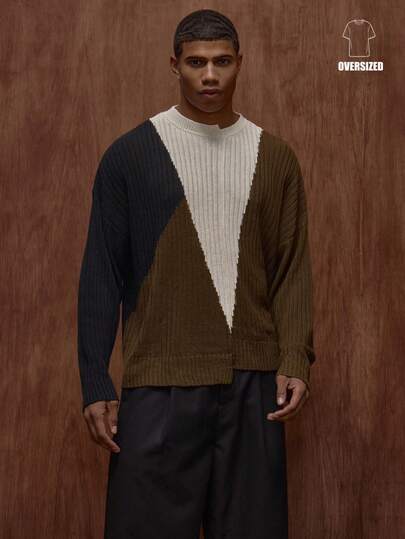 Musero Jersey de punto de canalé asimétrico con contraste, manga larga, suéter de punto para otoño/invierno