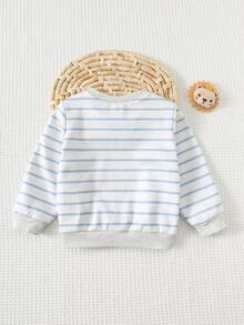 Cozy Pixies 男婴卡通动物印花条纹圆领长袖套头衫男婴上衣狮子婴儿服装婴儿服装男女通用男婴全袖T恤秋冬婴儿卡通服装 - 杏色 - 查看 2