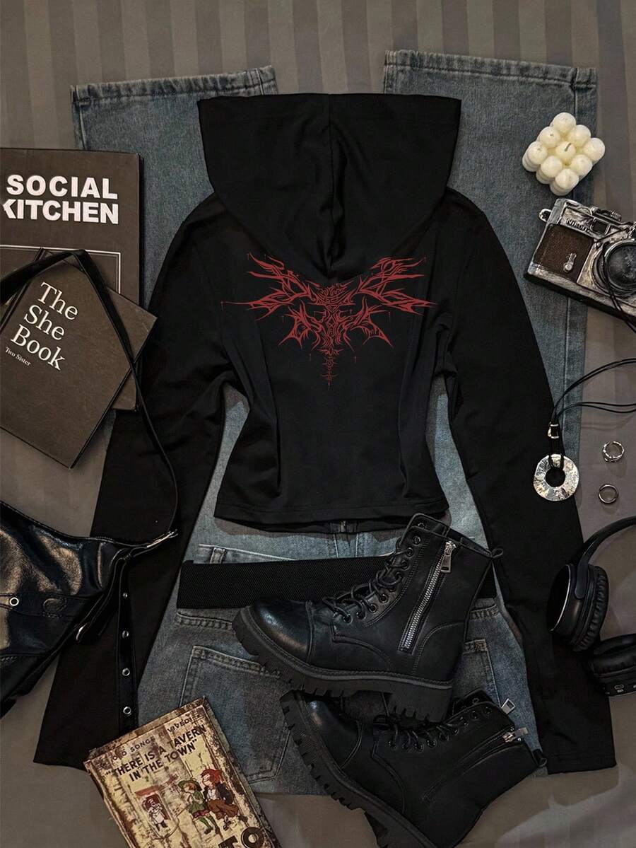 SHEIN EZwear Gothic Retro Print Pattern Black Slim Fit Hoodie T-Shirt For Women, Suitable For Spring And Autumn,Fall,Black Tops - Black - View 1