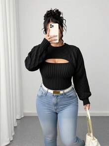 Elenzga 大码纯色圆领长袖镂空休闲毛衣套头衫，适合冬季 - 黑色 - 查看 2