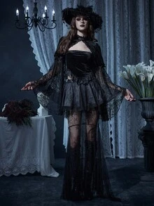 Glisette 女士分层蕾丝缎面蛋糕裙，中长款派对裙，秋冬 - 黑色 - 查看 1