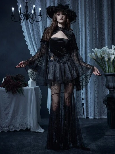 Glisette 女士分层蕾丝缎面蛋糕裙，中长款派对裙，秋冬