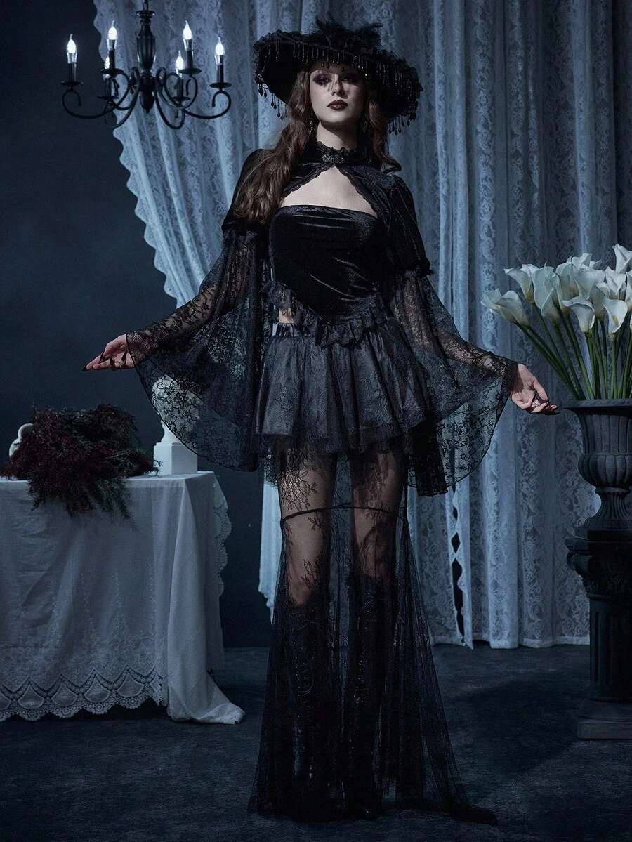 Glisette 女士分层蕾丝缎面蛋糕裙，中长款派对裙，秋冬 - 黑色 - 查看 1