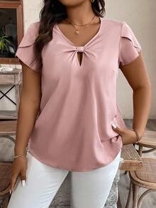 Breezaya Kích thước lớn Màu thuần Vòng cổ Xoắn Nút Giải trí Ngắn tay Áo sơ mi - Hồng - Xem 4