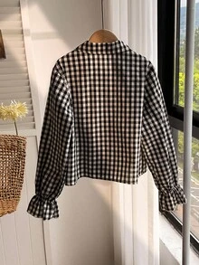 女童休闲时尚蝴蝶结装饰黑白格子面料百搭长袖衬衫，甜美春秋装 - 黑與白 - 查看 7