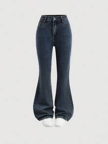 SHEIN Girlism 青少年女孩 Y2K 2000 年代复古石洗牛仔喇叭裤，女孩秋季服装返校街头服饰 - 深色水洗藍 - 查看 1