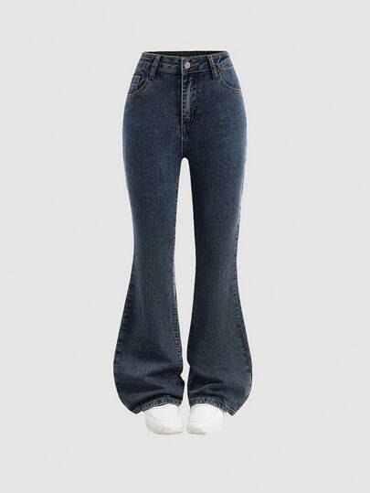 SHEIN Girlism Tween Girls Y2k Urban Street Style Stonewashed Vintage Dark Blue Flare Jeans,For Girls Fall/Winter Dailywear Costume,Girls Streetwear Outfits,Girls Halloween And Christmas Outfits,Winter Jeans,Teen Jeans