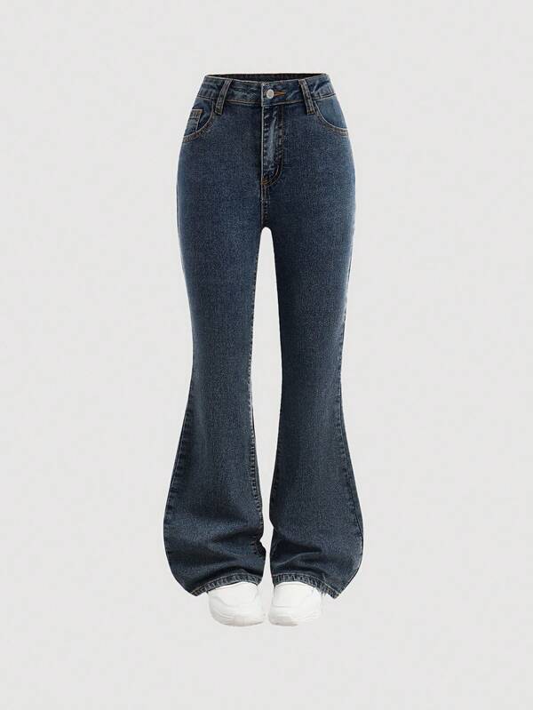 SHEIN Girlism Tween Girls Y2k Urban Street Style Stonewashed Vintage Dark Blue Flare Jeans,For Girls Fall/Winter Dailywear Costume,Girls Streetwear Outfits,Girls Halloween And Christmas Outfits,Winter Jeans,Teen Jeans