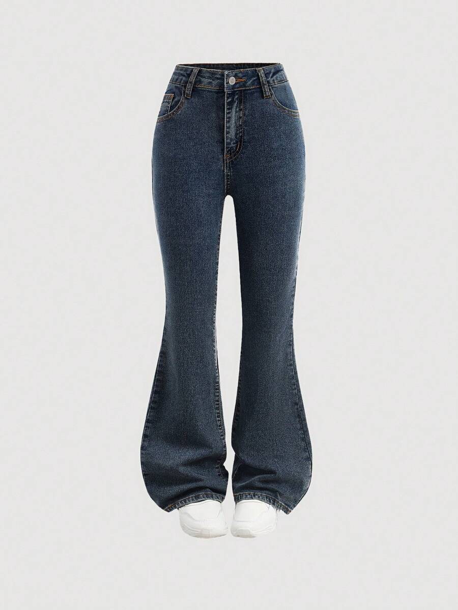 SHEIN Girlism 青少年女孩 Y2K 2000 年代复古石洗牛仔喇叭裤，女孩秋季服装返校街头服饰 - 深色水洗藍 - 查看 1