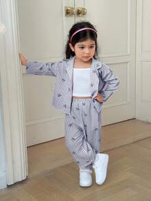 SHEIN Babygirl Cute Vacation Casual Versatile Blue & White Striped Bowknot Long Sleeve Shirt & Elastic Waist Pants Set Fall Winter