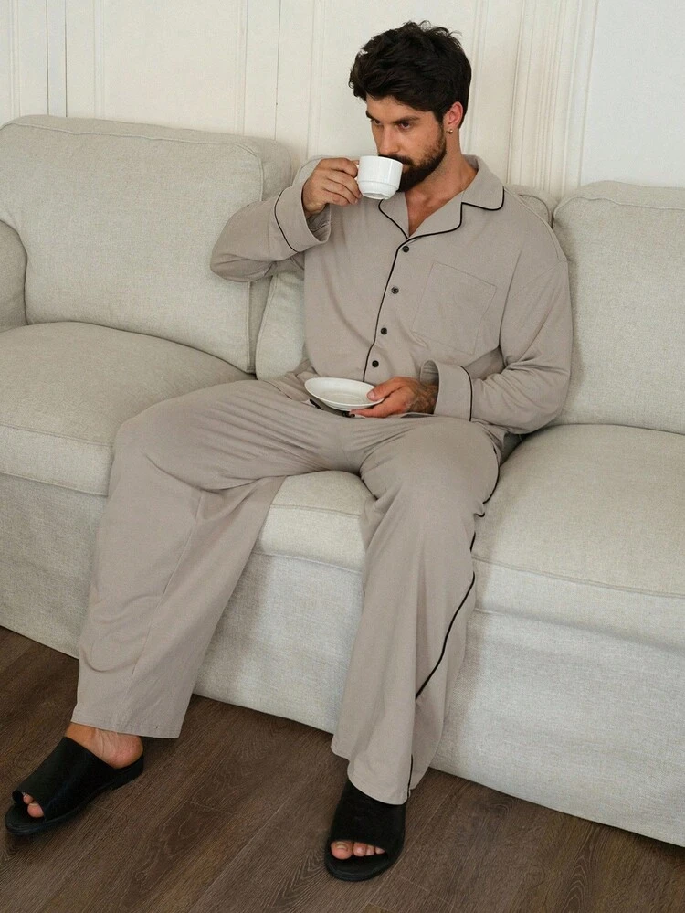Grey Shirt Paired With Men's Loungewear Set, Autumn, Fall Winter Clothes Pajama