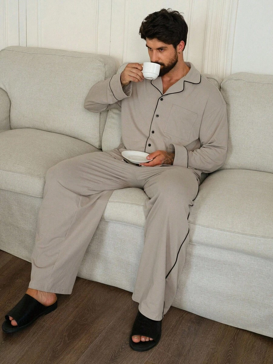 DAZY Grey Shirt Paired With Men's Loungewear Set, Autumn, Fall Winter Clothes Pajama