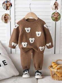 Souflis Souflis Baby Boys Teddy Bear Jacquard Knit Sweater Set, Soft & Thick Fabric, Suitable For Casual Wear, Autumn/Winter Fall - Khaki - View 12