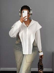 Maweii 大码女式纯色长袖单排扣侧开衩休闲衬衫 - 白色 - 查看 5