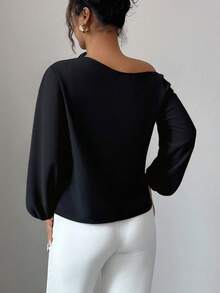 Elenzga 女士优雅通勤纯色 3D 花卉装饰不对称领衬衫 - 黑色 - 查看 2