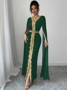 Rafferiza Women Embroidered Gold Braided Waistband V-Neck Cinched Waist Slit Sleeve Bodycon Dress Fall Cloth For Women