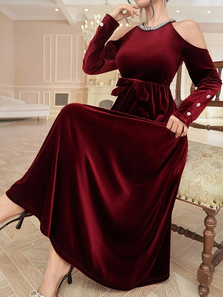 Women's Elegant Party Sequin Decor Open Shoulder Mid-Length Dress Red Women Dresses Christmas Maxi Dress