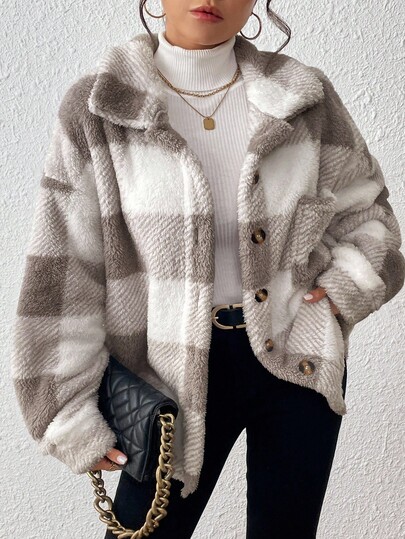 INAWLY Plus Size Women Casual Commuter Collegiate Plaid Pattern Drop Shoulder Loose Patchwork Pocket Teddy Fleece Jacket, Autumn/Winter