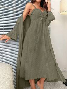 SHEIN Ladies' Solid Color Simple Everyday Pajama Set, Fall Winter Clothes - Olive Green - View 6
