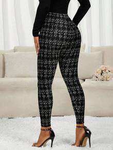 SHEIN Lady Women's Waist Metal Button Plaid Casual Elegant Leggings,Fall - Multicolor - View 3