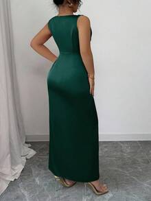 Elenzga 加大码女式梭织面料长款飘逸领缎面褶饰腰部无袖夏季优雅花卉装饰高开叉紧身派对鸡尾酒会连衣裙 - 墨綠色 - 查看 2