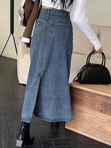 Dazy Designer 春夏休闲牛仔半身裙，斜插口袋，侧开衩设计 - 藍色 - 查看 2