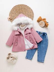 SHEIN Manteau à capuche rose mignon doublé de thermique, polyvalent pour l'automne/l'hiver, bébé fille - Rose bonbon - Voir 2